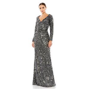NWT Mac Duggal Black and Silver Long Sleeve Sequined Evening Gown 6